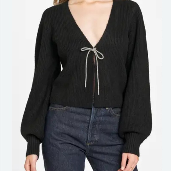 Wayf Black V-Neck Cardigan Sweater with Crystal Tie - Picture 1 of 6